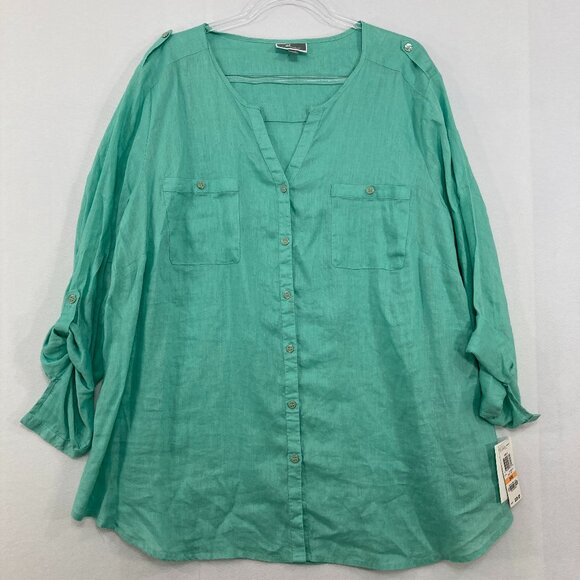 New JM Collection size 24W Green Split Neck Rolled Sleeve Pure Linen Button Down - Picture 1 of 8